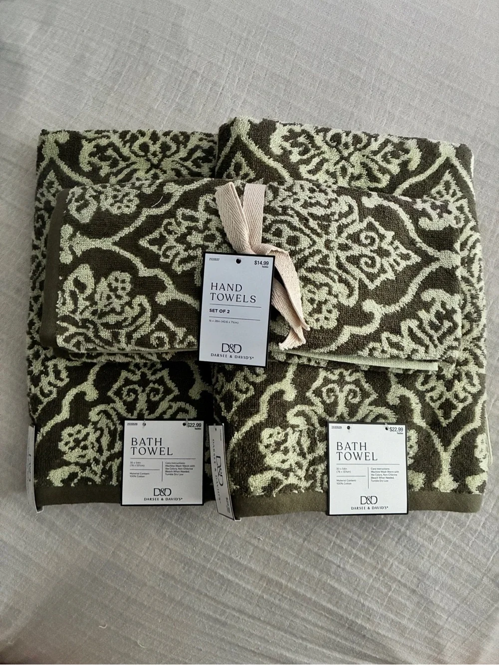 100% Cotton Dark Olive/Sage Green Retro Look Medallion Towel Set  NEW NWT $61